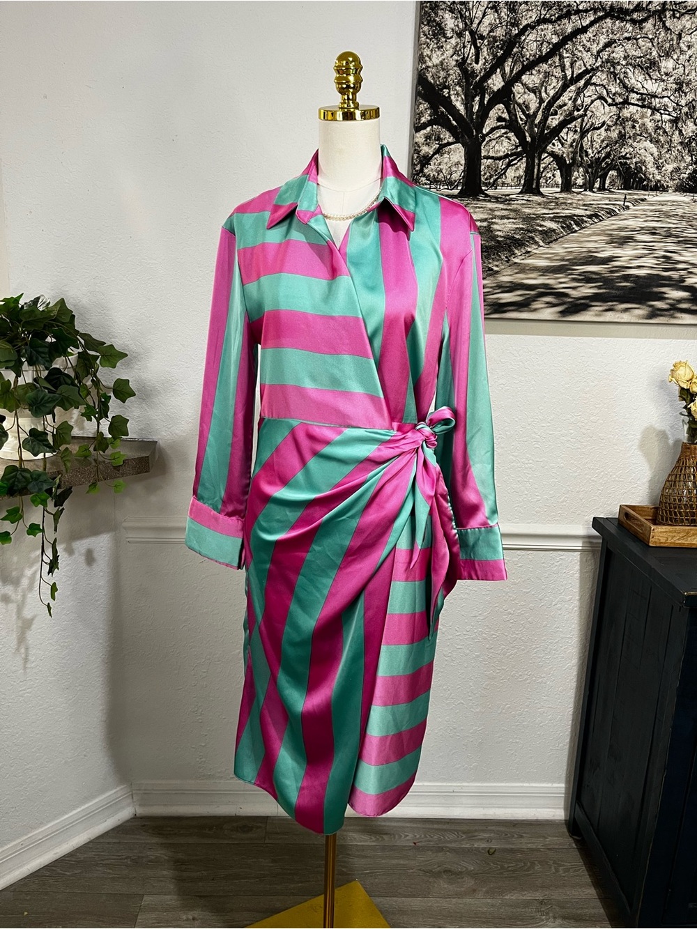 entro Pink and Teal Striped Wrap Dress